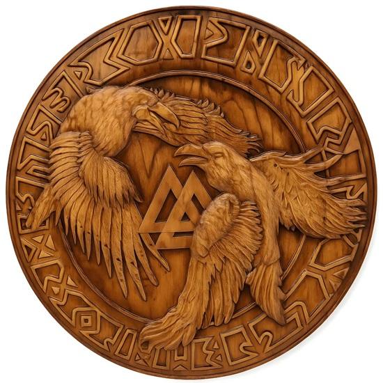 60,96 cm Odens korpar Hugin och Munin Träsnideri Viking Valknut Plakett Jul Bröllop Vägg Hemmakontor Dekor