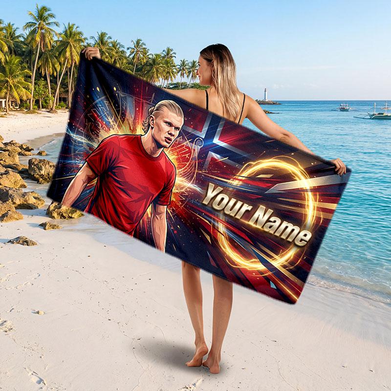 Erling Haaland Benutzerdefiniertes Strandtuch, Personalisierter Namens-Textdruck, Fußball-Logo Weiches Schnelltrocknendes Handtuch Urlaubsgeschenk