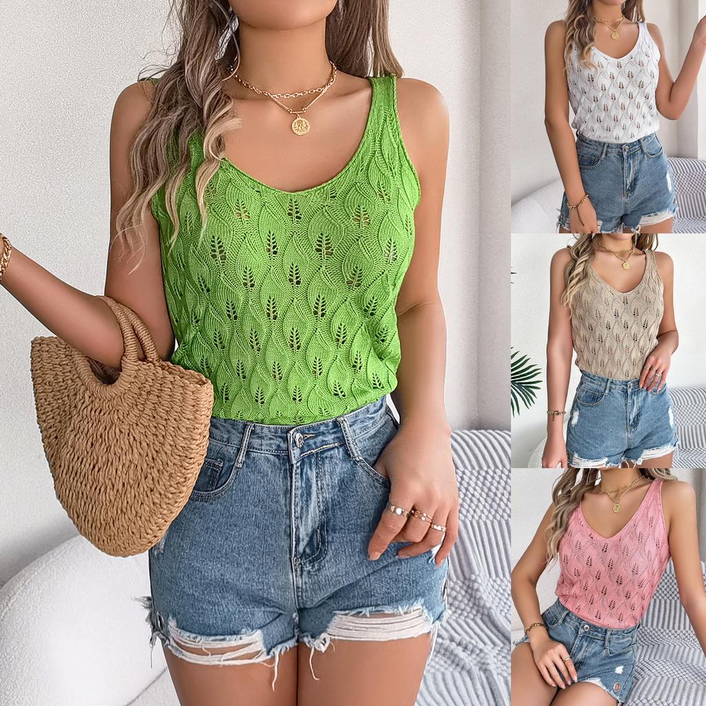 Women Leaf Pattern Hollow Out Knit Sleeveless Crop Top