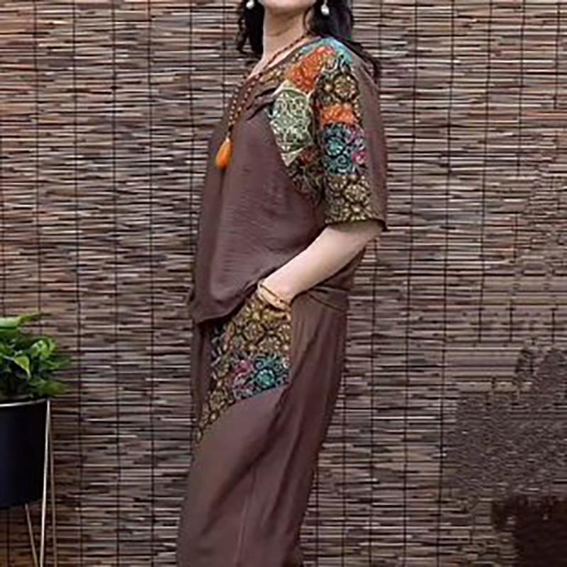 Zweiteiliges Set mit Sommerdruck für Mütter, Sommer-T-Shirt mit mittellangen Ärmeln, Set im ethnischen Stil für Frauen mittleren Alters und ältere Menschen