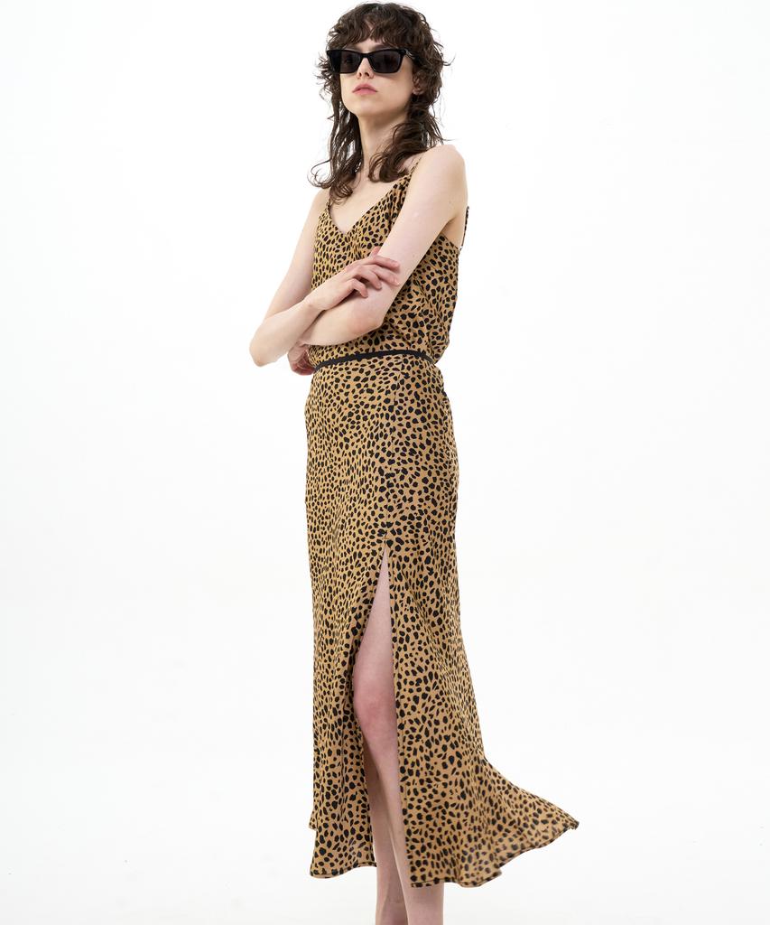 Bikwaieos Flared Satin Slit Skirt Leopard_Brown Black