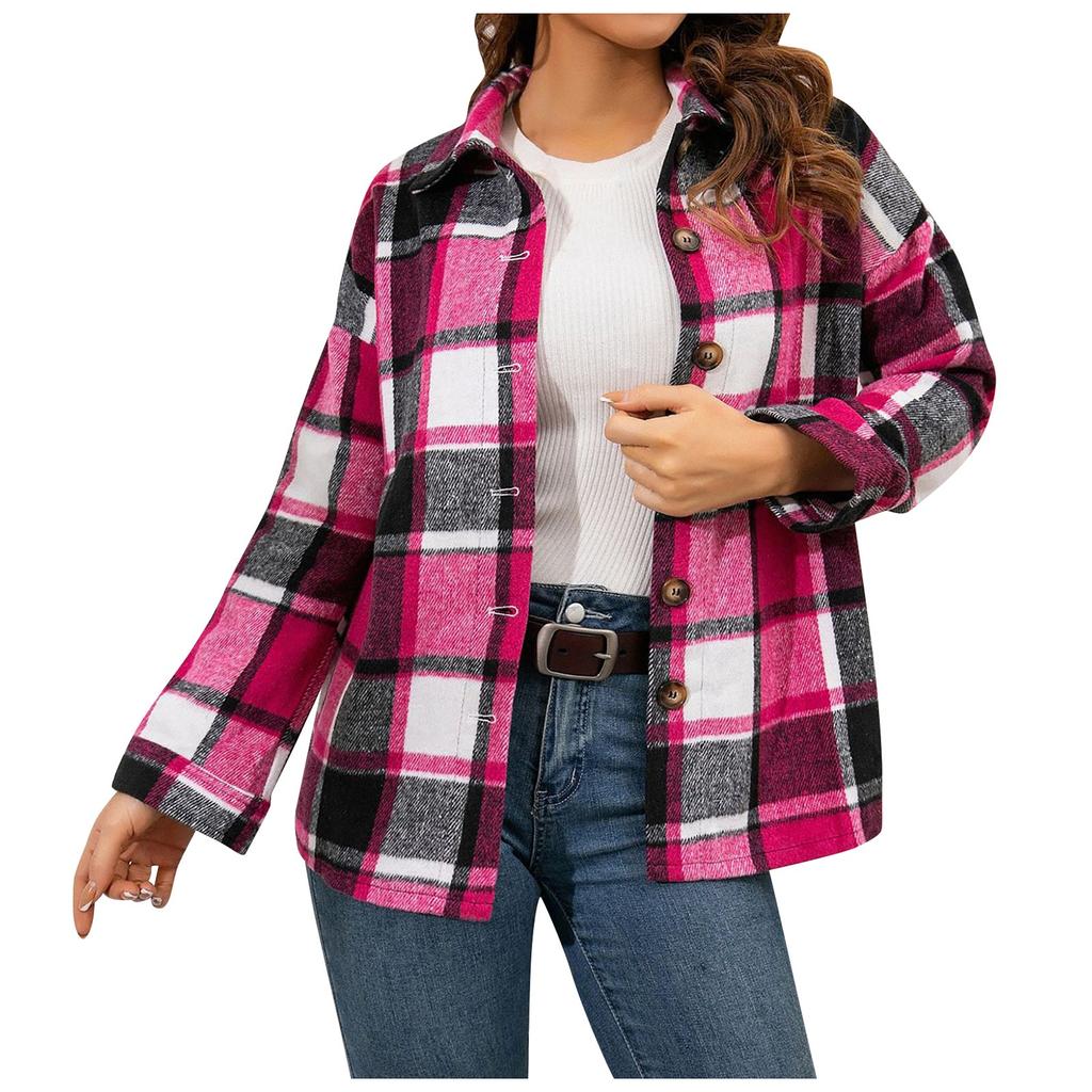 Fashion Women's  Casual Loose Grinding Wool Plush Plaid Long-sleeved Shirt Jacket