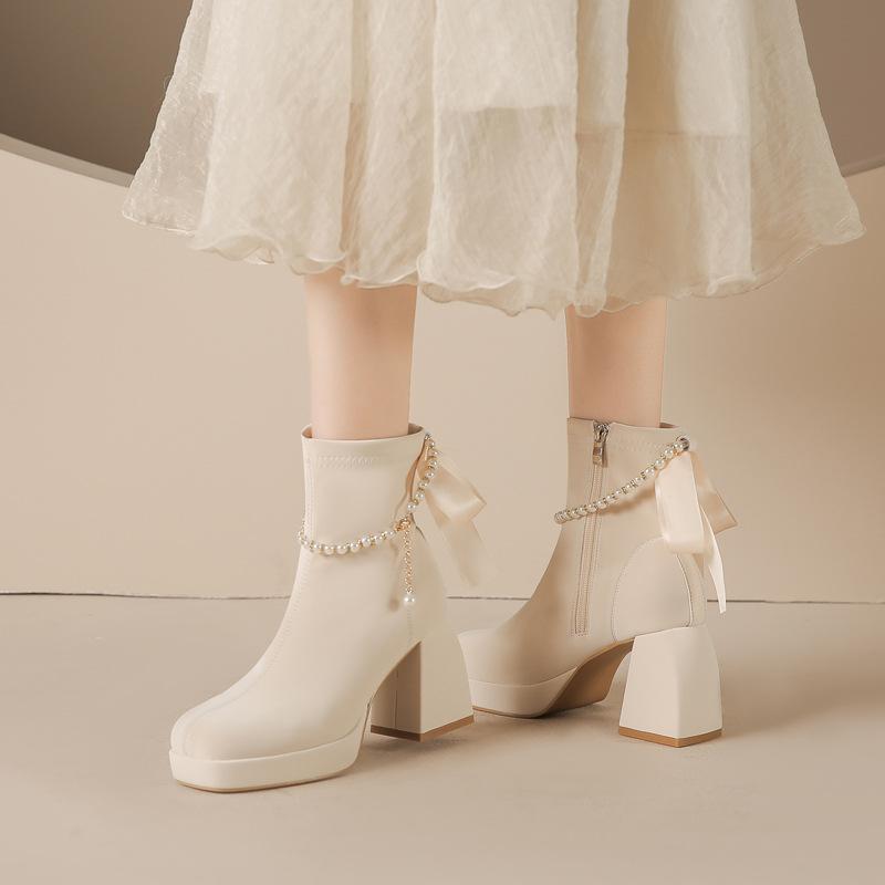 Jin Gang MY dicker Absatz eckige Spitze Chelsea neu Herbst und Winter burgunderrot wasserdicht Tisch kurz Damen