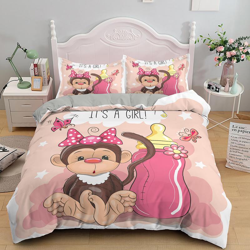 Pink Cartoon Animal King Queen Duvet Cover Kawaii Panda Pattern Bedding Set For Kids Girls Wildlife 2/3pcs Polyester Quilt Cover