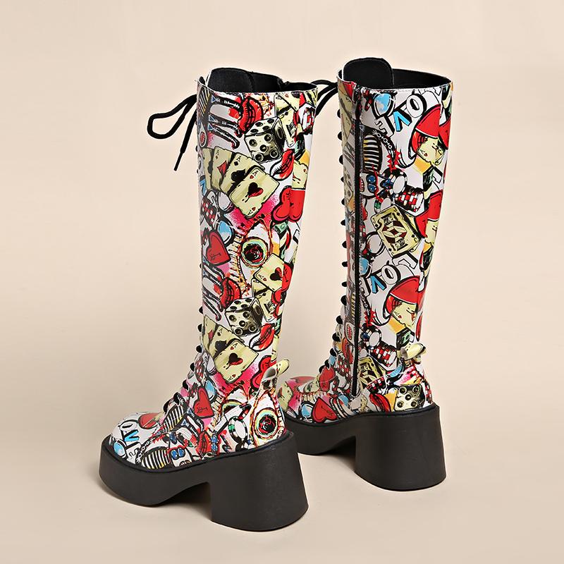 Fashion Women's Autumn New Printed Plus Fleece Platform Long Cylinder Riding Boots High Cylinder Boots