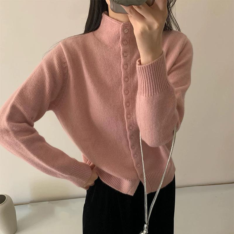 Soft Comfortable Stand-Up Collar Sweater Cardigan Women Simple Single Breasted Cardigans Coat Autumn Solid Knitted Outerwear
