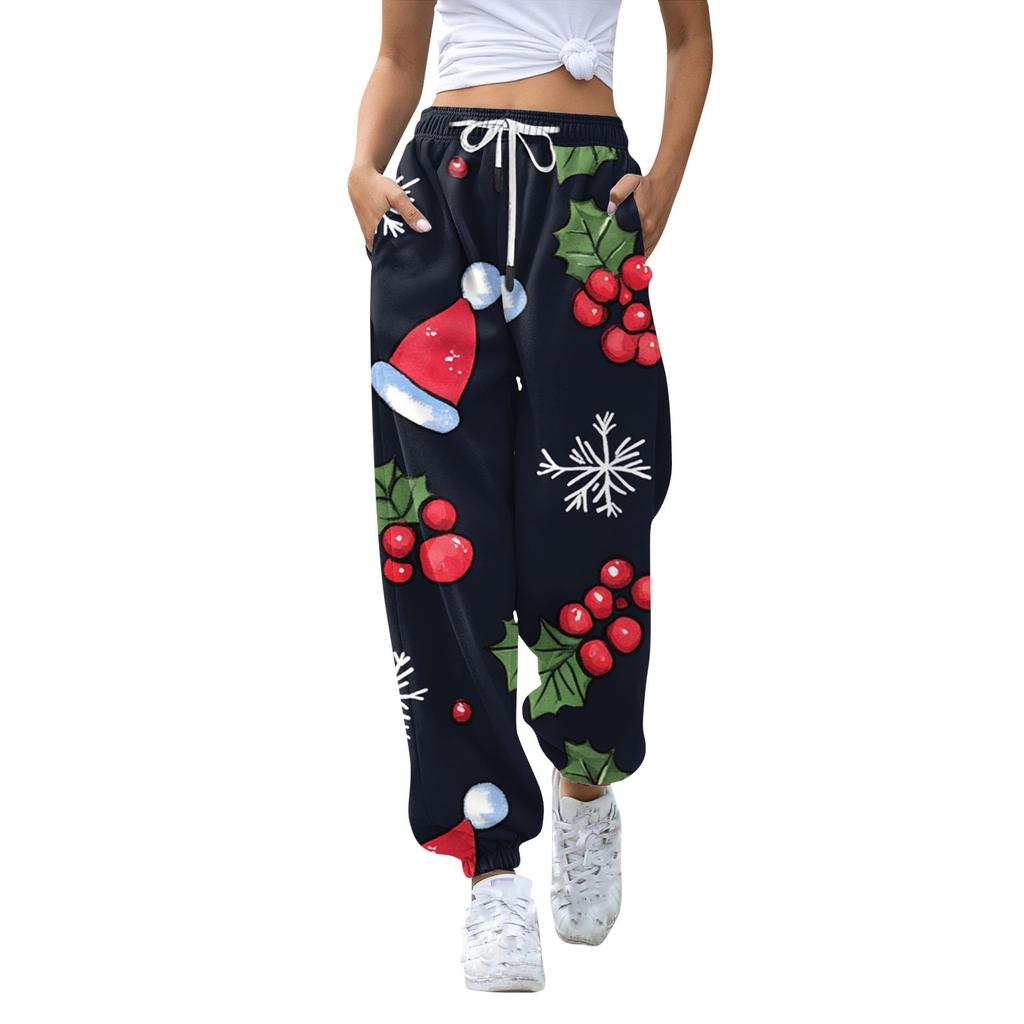 Women's High Waisted Sweatpants Christmas Print With Pockets Drawstring Trousers