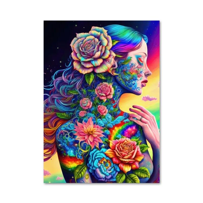 Abstract Colorful Rainbow Goddess Lotus Posters and Prints Figures Canvas Painting Wall Art Pictures for Room Home Decoration