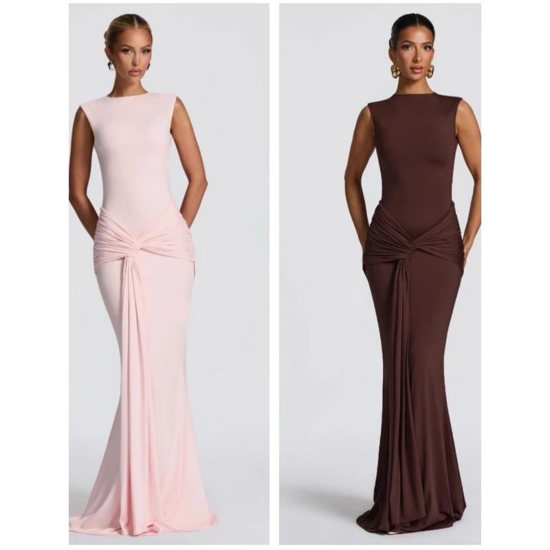 Herbst Neue Mode Unifarbener Rundhalsausschnitt Ärmelloses Bandkleid Sexy Rückenfreies Schlankes Faltenkleid Rock