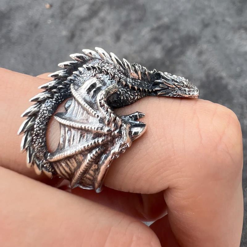 Silver Color Dragon Rings Gothic Punk Men Pterosaur Wings Opening Adjustable Rings Vintage Jewelry Accessories Gifts