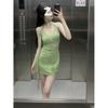 Retro Streamer Polka Dot Dress Women's Summer Green V-neck Suspender Waist Thin Short Skirt French Sweet and Spicy Style
