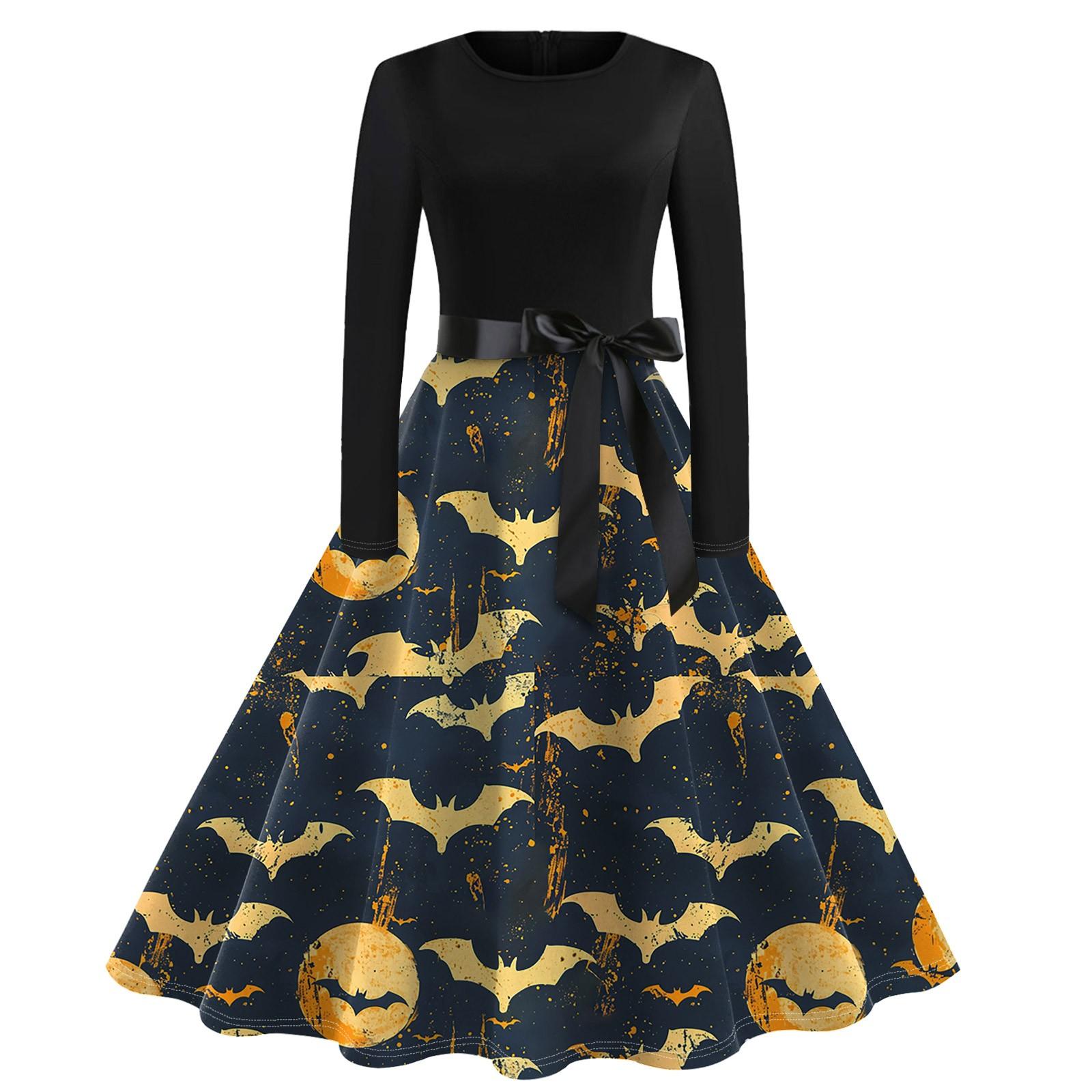 

Платье с расклешенным принтом на Хэллоуин для женщин, платье с длинным рукавом, полые вечерние повседневные платья M тёмно-синий