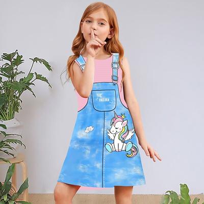 Abiti a Gilet Estivi Senza Maniche Girocollo Abiti da Principessa Carini Bretelle Finto Denim 3D Stampa Fantasia "Little Pony" Vestiti per Bambina