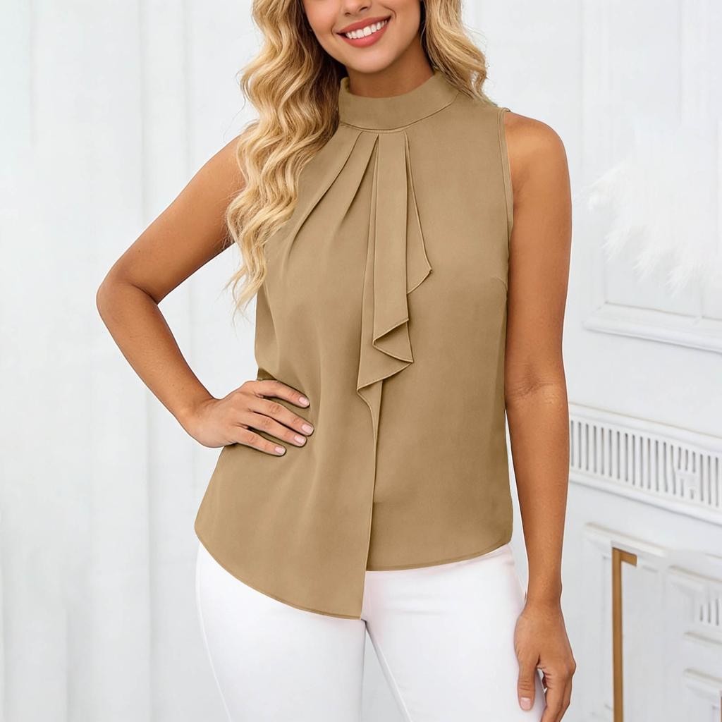 Blusa Elegante Casual da Donna Senza Maniche Plissettata Top Monocolore con Scollo Alto e Design Frontale Drappeggiato per Ufficio o Uso Quotidiano