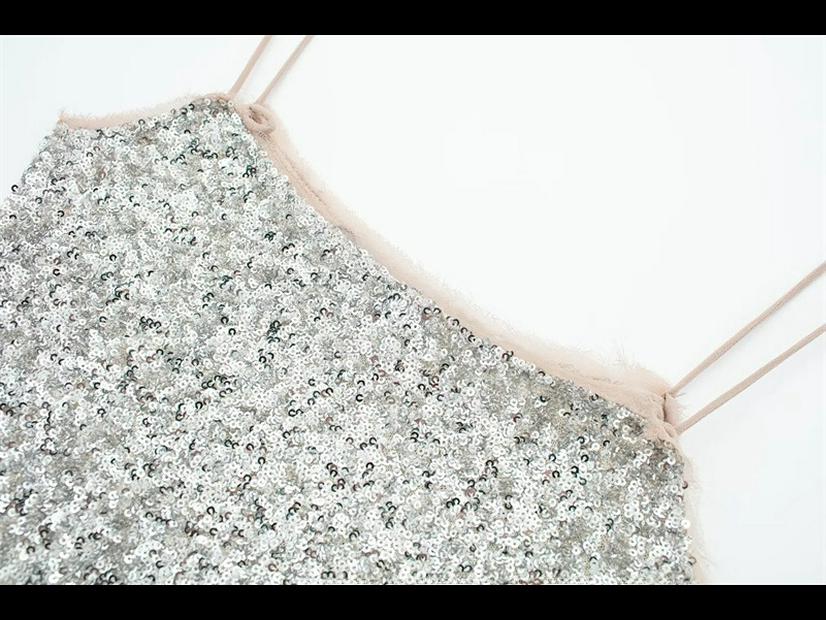 Elegant Sequin Suspender Dress with High Waist A-line Skirt