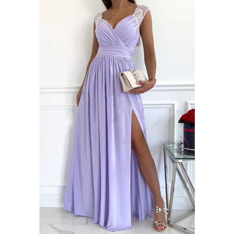 Women's Lace Trim Sweetheart Neck Sleeveless High Slit Maxi Dress Elegant Evening Party Gown