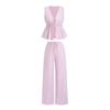 Women's Casual Sweet Set Summer Solid Color Striped Vest and Loose Pants Set with Lace-Up Closure