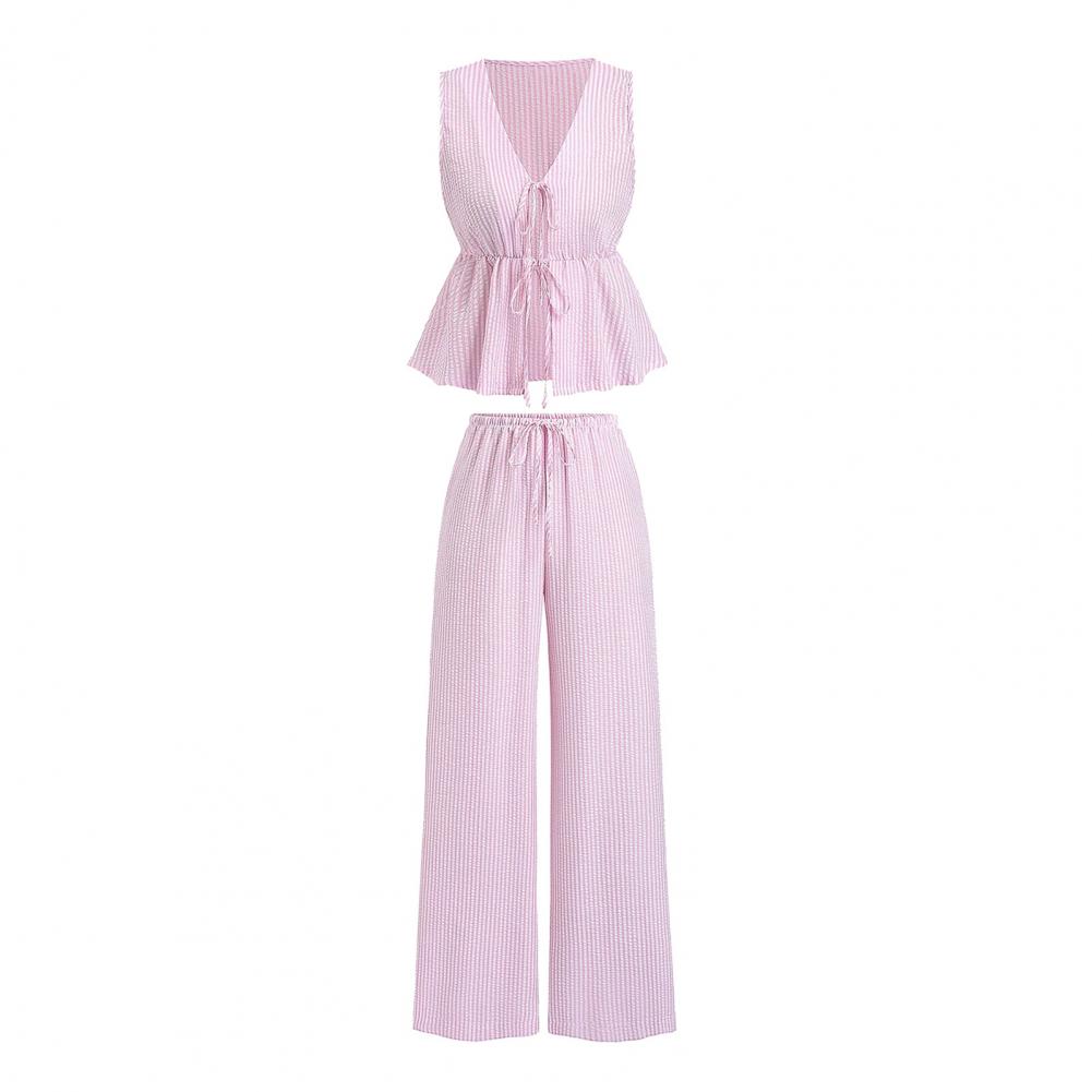 Women's Casual Sweet Set Summer Solid Color Striped Vest and Loose Pants Set with Lace-Up Closure