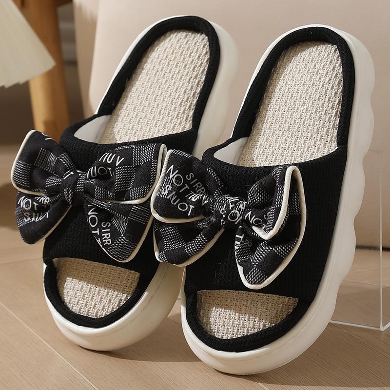 Women's Fashionable Black Bow Slippers with Thick Soles - Comfortable Indoor/outdoor Shoes for All Seasons, Sandals for All Seasons