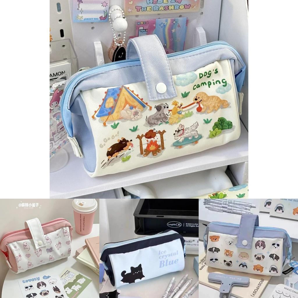 Cat Cartoon Canvas Pen Bag With Large Capacity And Portable Design For Students And Girls