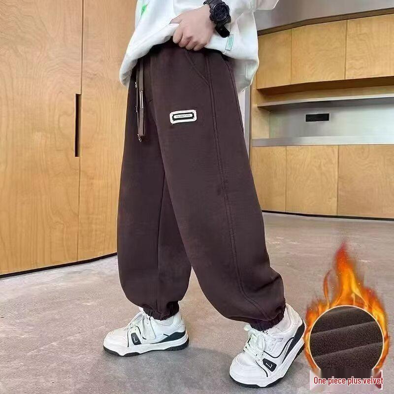 Boys  Fleece-Lined Black Sports Sweatpants: Warm, Thickened, Autumn/Winter  25 120 cm