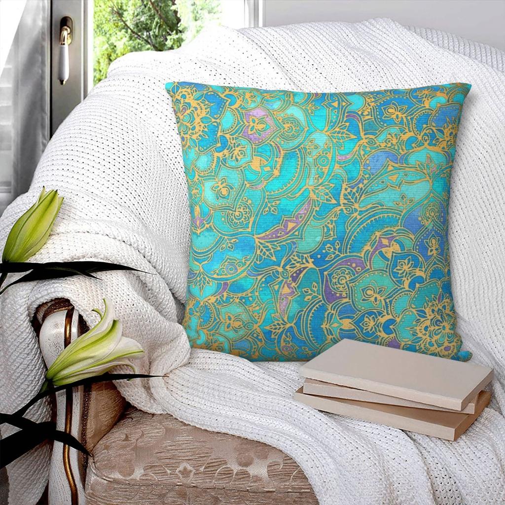 Sapphire  Jade Stained Glass Mandalas Square Pillowcase Pillow Cover Cushion Zip Decorative Throw Pillow for Home Living Room