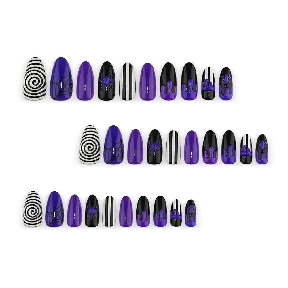 Purple And Black Venom Spider Almond Wear Nails Gothic Dark Halloween Manicure Black And White Swirl Stripes Fake Nails