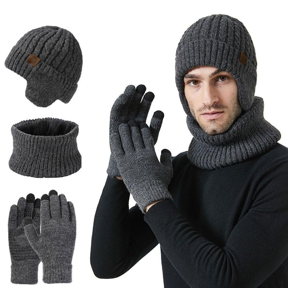 3Pcs/set Soft Touch Screen Gloves Warm Ear Protection Cap Winter Beanie Hat Scarf  for Men Women