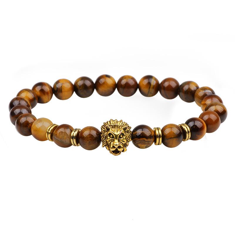 European & American Lava Stone Tiger's Eye Bracelet with Golden Lion Head for Men