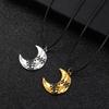 Stitched Crescent Moon Pendant Necklace on Black Cord Chain for Women Gothic Style