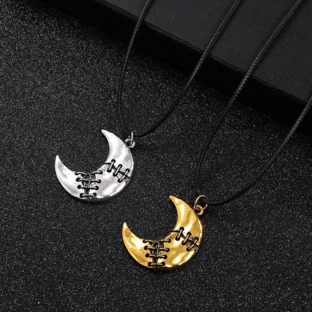 Stitched Crescent Moon Pendant Necklace on Black Cord Chain for Women Gothic Style