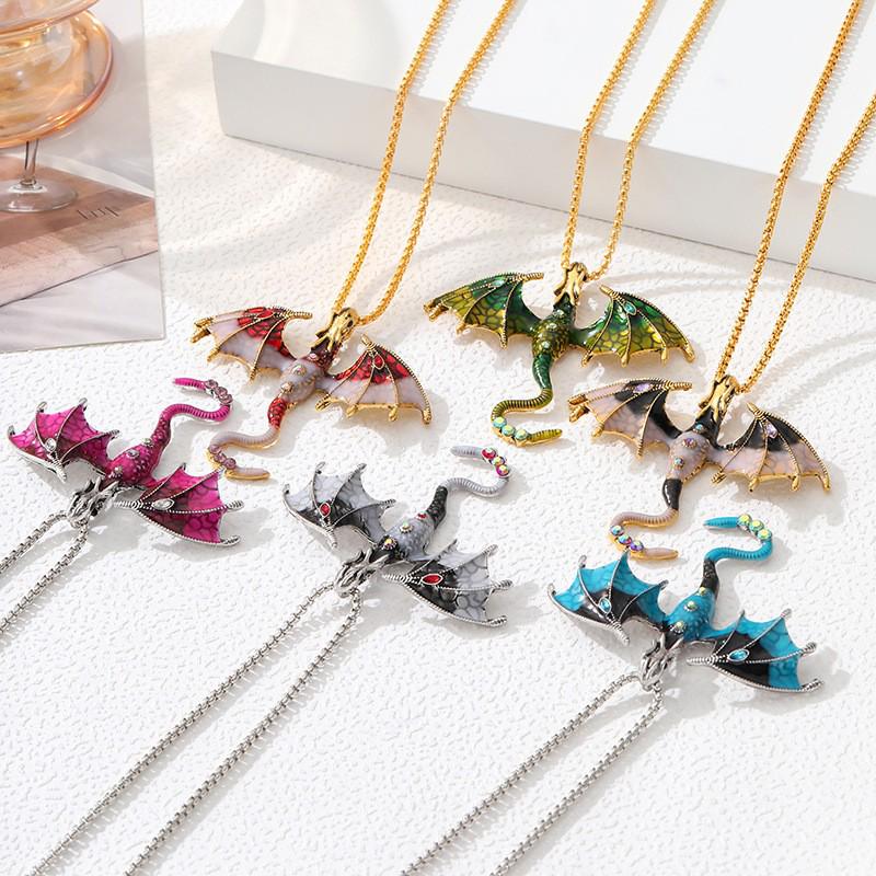 Exaggerated Retro Enamel Cartoon Dragon Pendant Necklace with Rhinestones