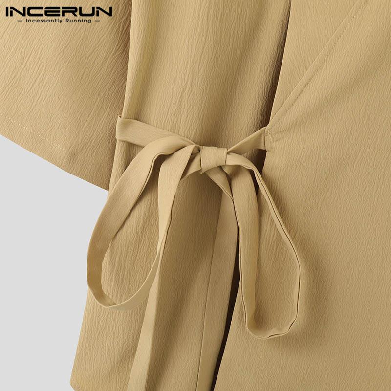 INCERUN Hauts à manches 3/4 pour hommes, chemises kimono amples et décontractées à lacets sur le devant