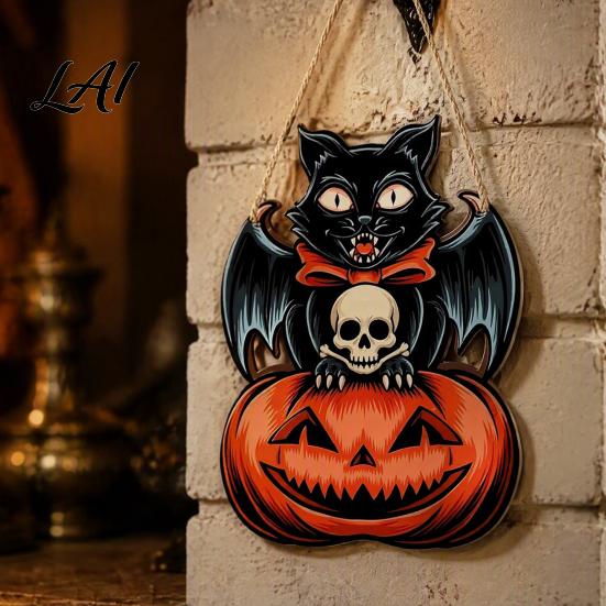 Festive Wooden Wall Hanging Halloween Door Sign Black Cat Bat Pumpkin Plaque with Rustic Sign Jute Rope Farmhouse Front Porch Indoor Outdoor