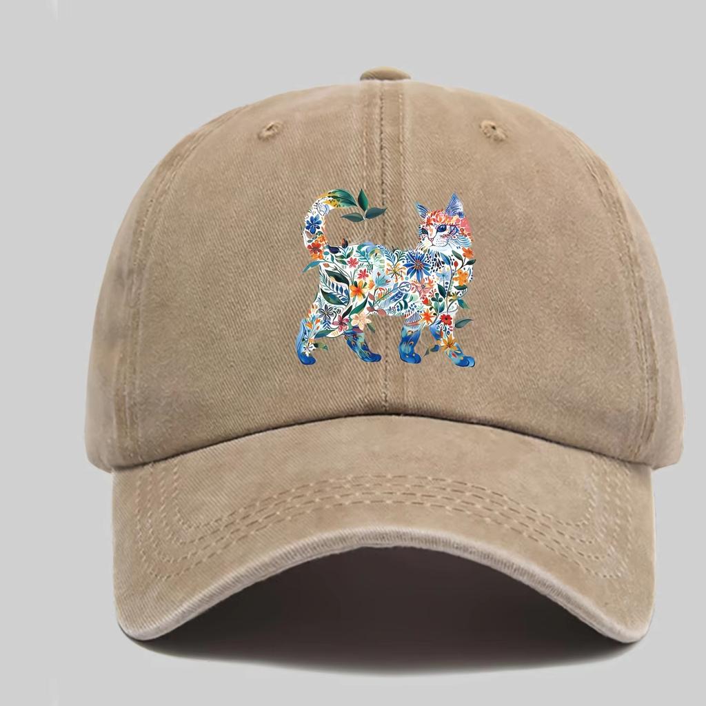Retro Watercolor Flower Cat Graphic Baseball Cap Washed Dad Hat Adjustable Comfortable And Versatile