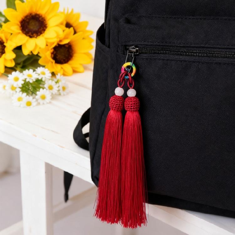 Versatile Keychain with Double Tassels Designs Polyester Silk Fringe with Loop for Keys Bags Decoration