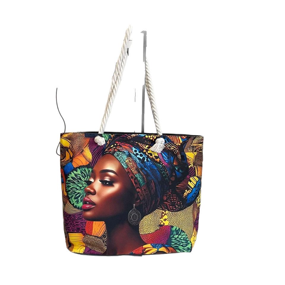 Versatile Women's Large Capacity Foldable Tote Bag with Zipper - Cross-Border Fashion, Printed Single-Shoulder, Perfect for Shopping or Beach.