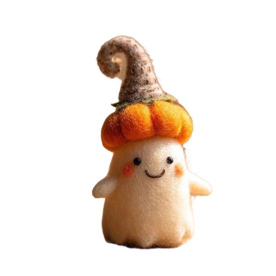 Handmade Felt Halloween Ghost Pumpkin with Wizard Hat Wool Felted Ghost Ornament for Halloween Home Shelf Desk Decor