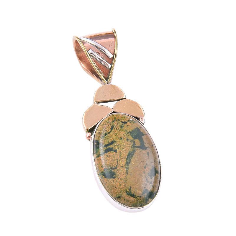 Natural Rhyolite Gemstone 925 Solid Sterling Silver Two Tone Pendant 1.50" R7Z26