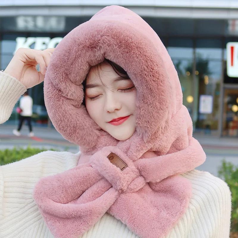 

1 Pc Winter Warm Scarf and Hat Integrated, Ear Protection, Striped Technology Foldable Design,hand Washable, Cross Neck Warm Hat розовый
