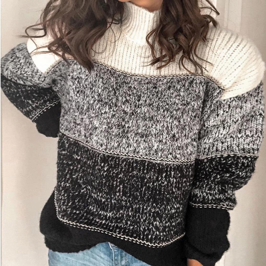 Women  Loose Stripe Print Stitching Long-Sleeved Knitted Sweater