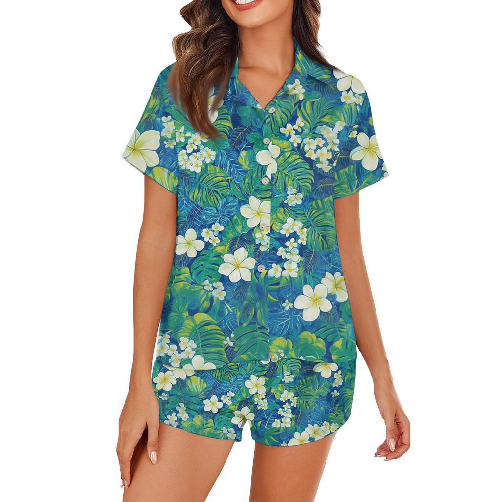 Women's Ice Silk Pajamas Button Homewear Hawaiian Print Short Sleeve Satin Pajama Set