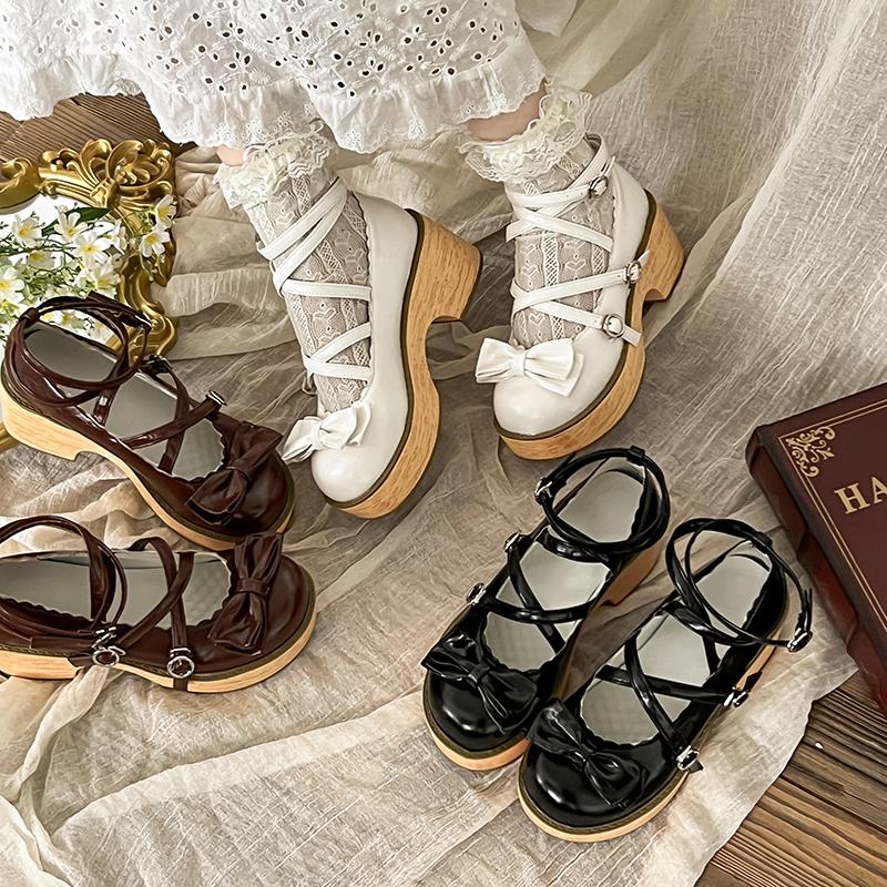 Fashion Women's Cross Strap JK Lolita Shoes Spring and Autumn Leather Outdoor High Heels Mary Jane Shoelaces Bow