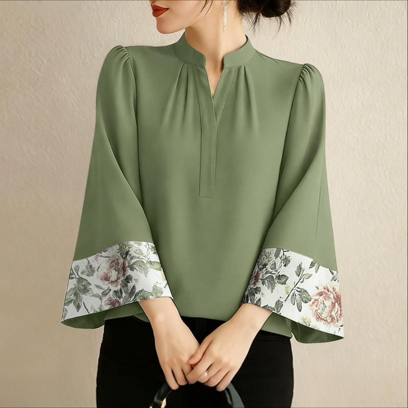 

ZANZEA Женская повседневная блузка с V-образным вырезом, принтом, пэчворком, рукавами 3/4, свободного кроя L зелёный