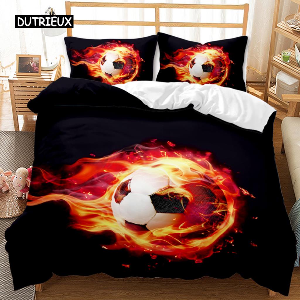 Fotball Dynetrekksett Fotball med Ild Abstrakt Konseptkunst Design Ball Sengetøysett Dobbel Queen King Polyester Dyne Trekk