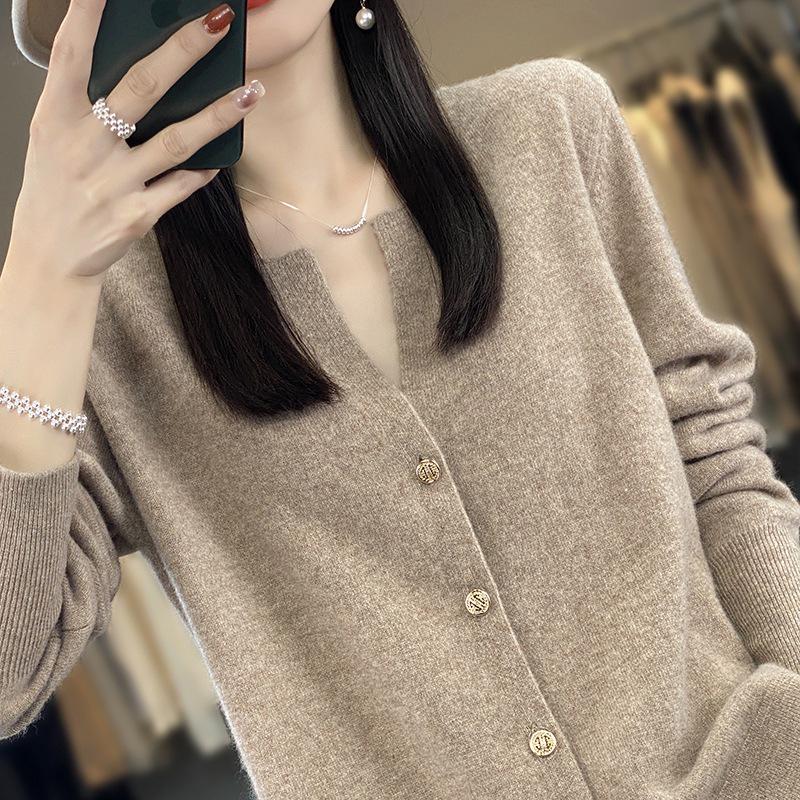 Autumn 2023 Women's Pure Wool V-Neck Cashmere Cardigan - Loose, Solid Color, Versatile Knit Sweater