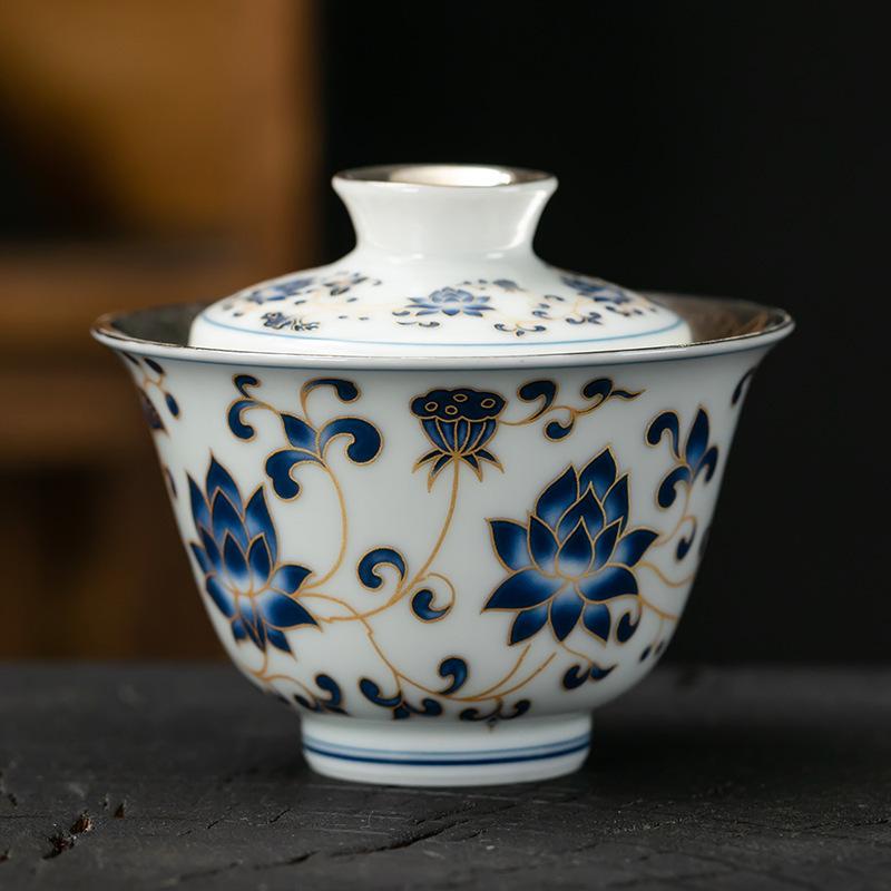 

160 мл Handamde позолоченная серебряная гайвань Цзиндэчжэнь сине-белая фарфоровая чайная супница крышка для чайника чаша чайная утварь коллекция подарков