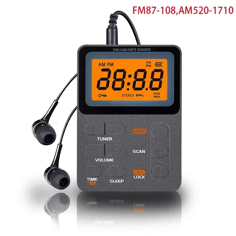 Lomme AM/FM-radio Bærbar LCD-skjerm Radiomottaker Mini MP3-spiller med øretelefon Universal Walkman-støtte TF Card Play