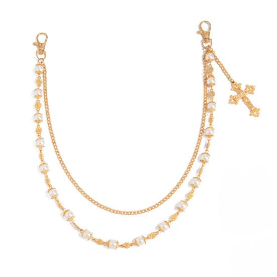 Pants Chain Faux Pearls Metal Flower Decor Wallet Chain Multi-layered