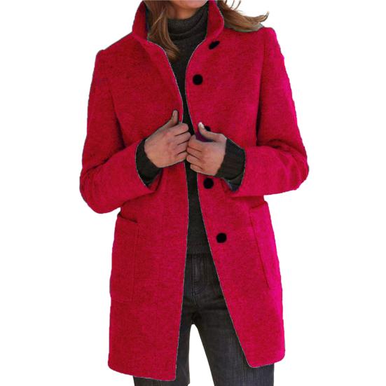 Women Fall Winter Coat Stand Collar Thick Warm Soft Mid Length Solid Color Pockets Single-breasted Lady Thick Overcoat